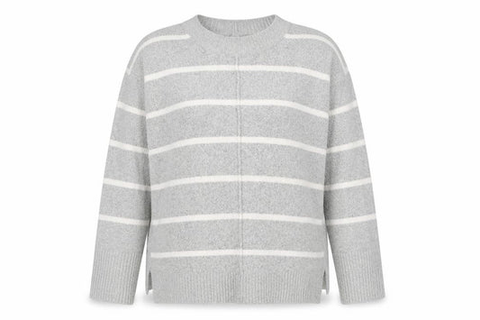 Front view of Principles women’s grey round neck striped acrylic jumper, size UK 14