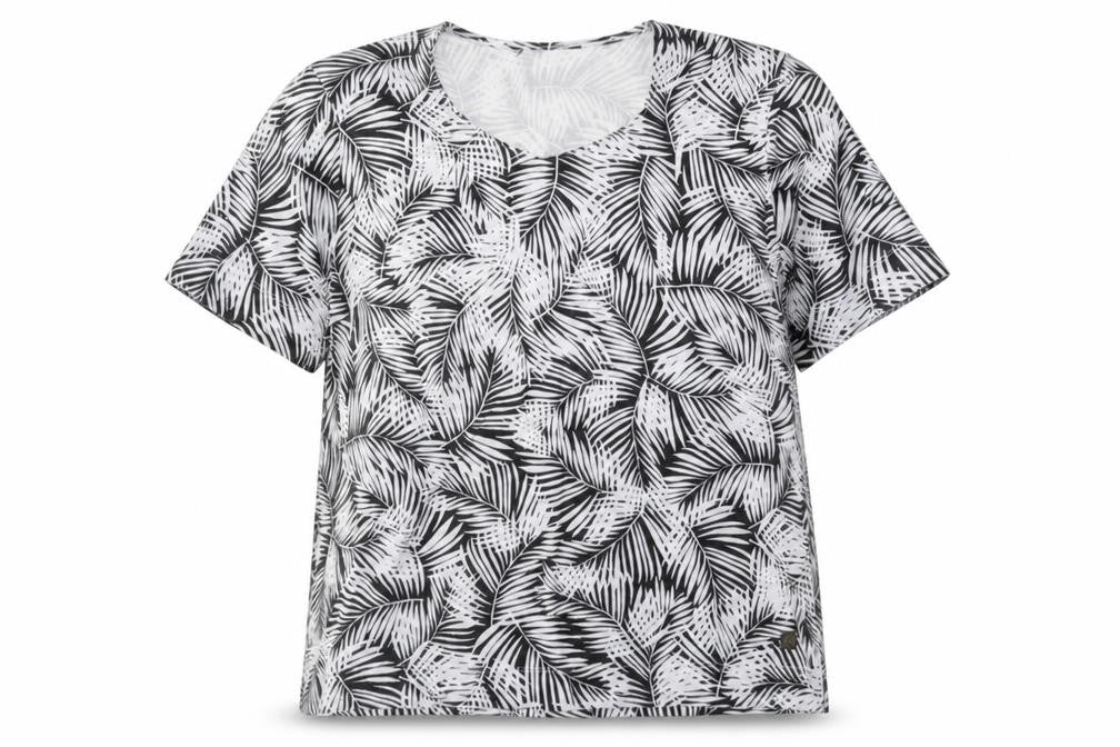 Front view of TIGI women’s white floral polyester basic t-shirt, size L, round neck