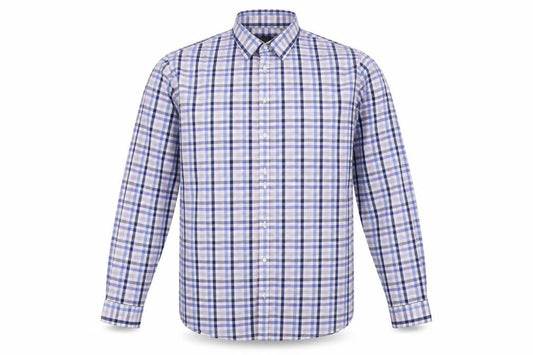 Front view of William & Brown men’s blue plaid cotton button-up, size XL, collared buckle