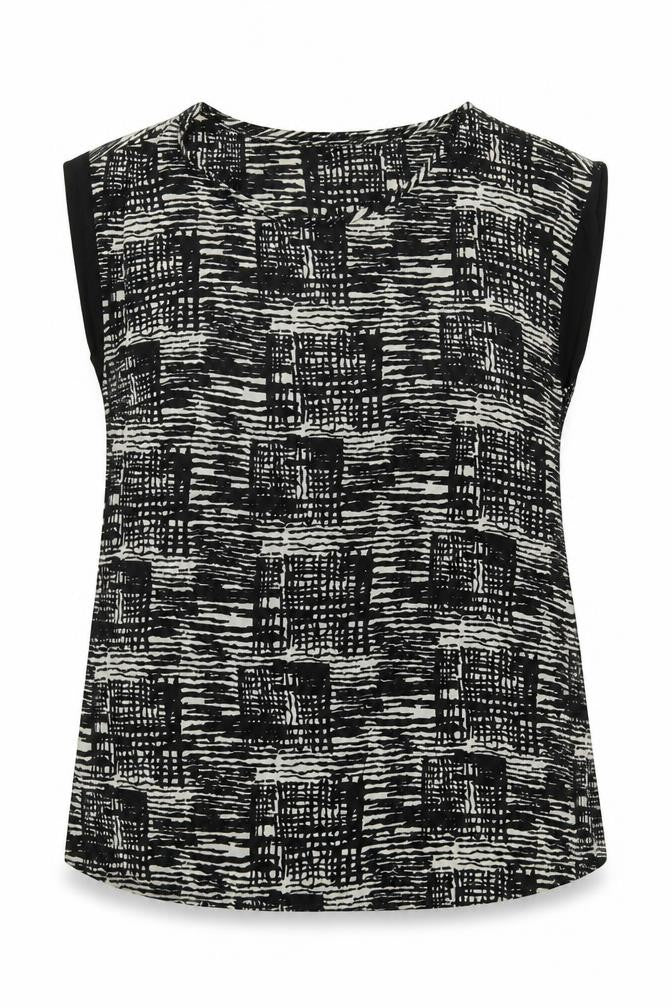 Front view of Epiloque women’s black geometric polyester tunic blouse, size UK 14, round neck