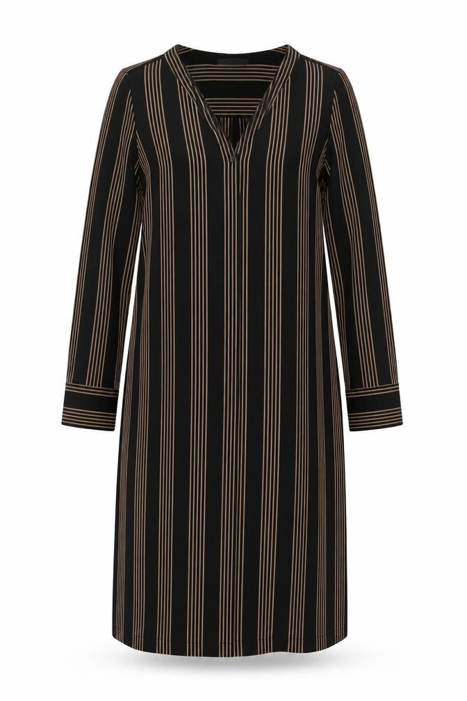Front view of H&M women’s brown striped polyester a-line, size UK 8, v-neck button