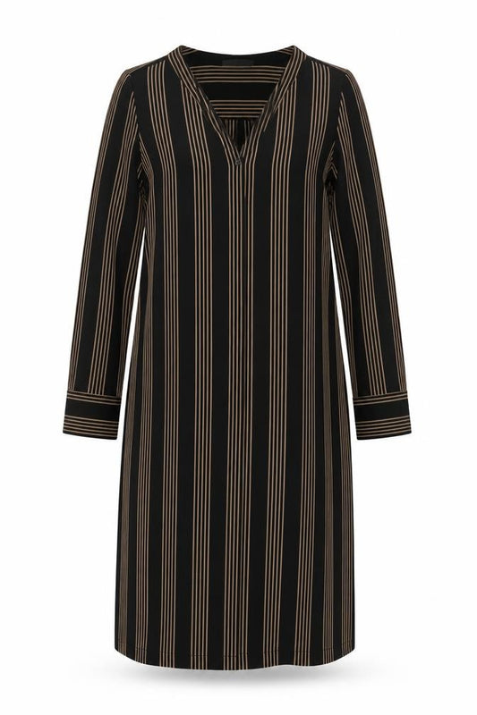 Front view of H&M women’s brown striped polyester a-line, size UK 8, v-neck button