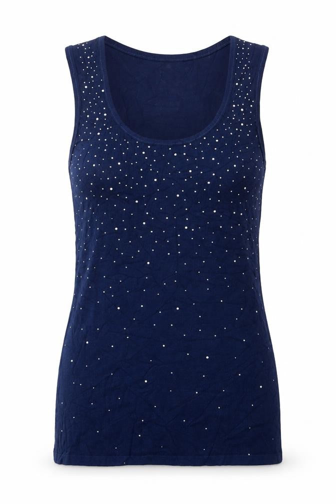 Front view of London women’s blue viscose basic tank, size S, scoop neck