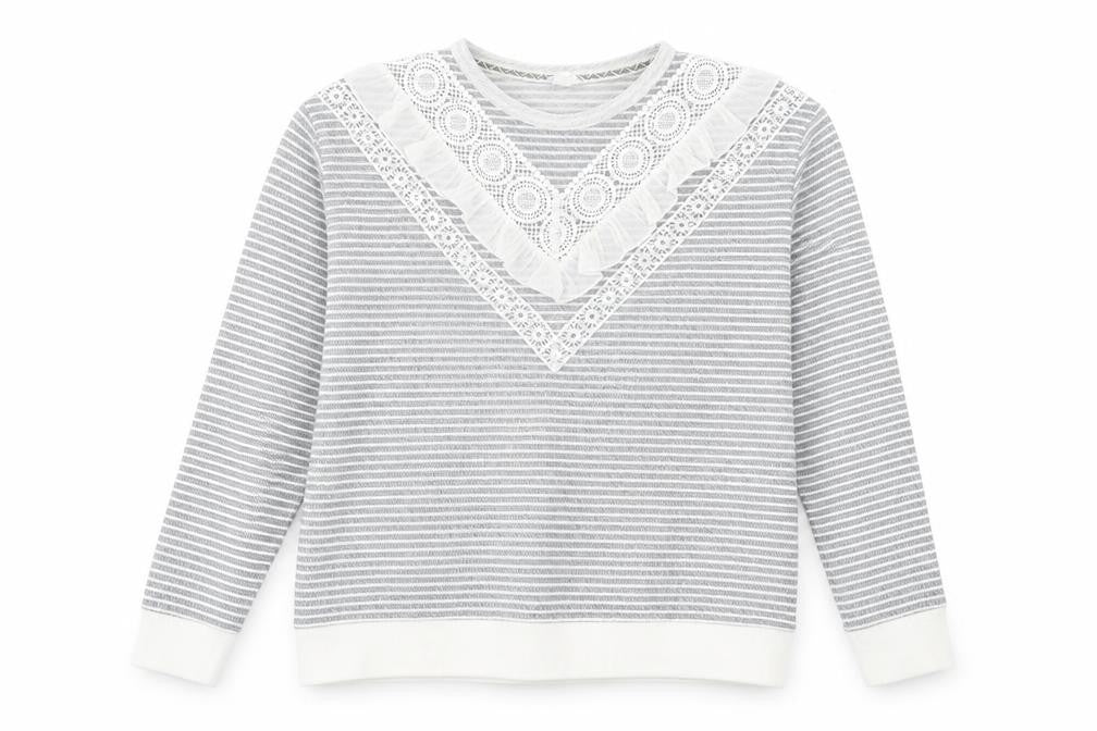 Front view of Falmer Heritage women’s grey crew neck striped polyester jumper, size UK 12