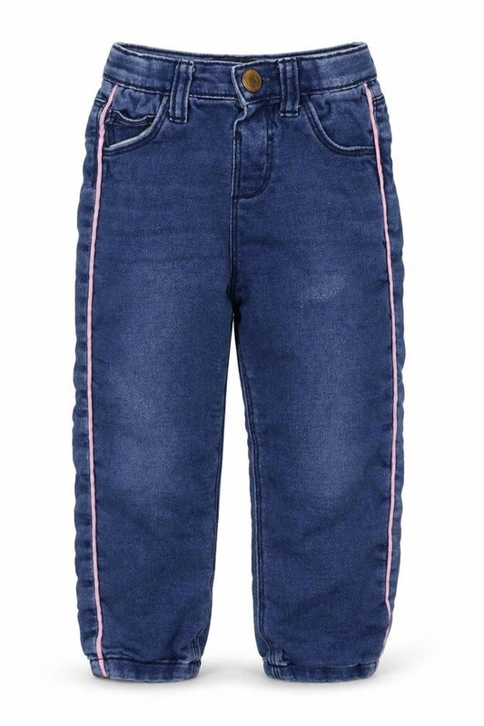 Front view of Denim Co girls’ blue cotton snow pants jeans, size 18-24, months button