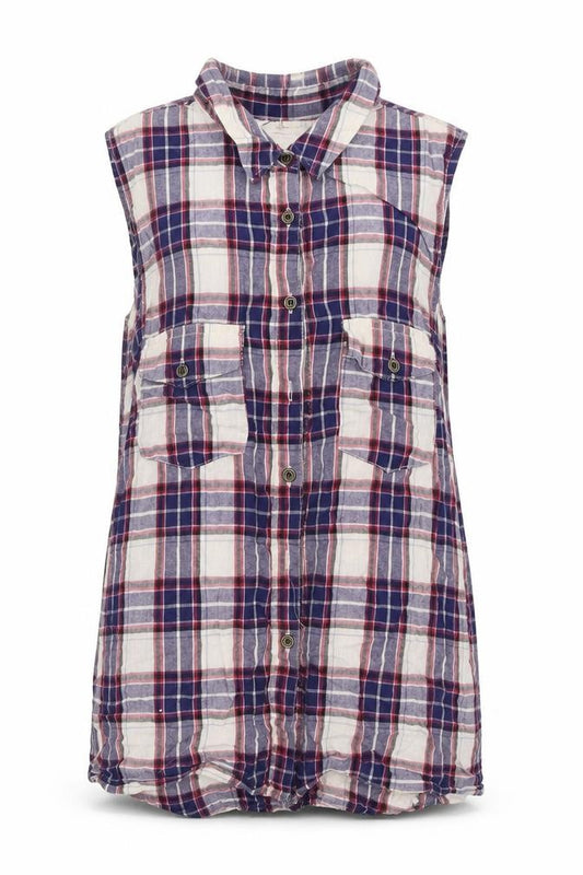 Front view of New Look women’s blue check cotton basic button-up, size UK 8, collared