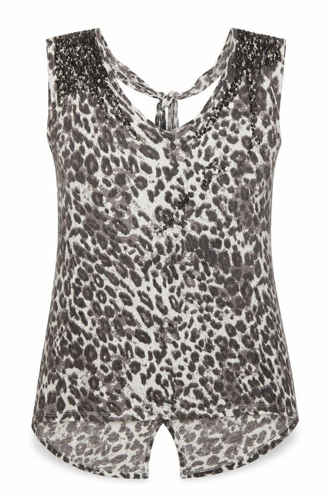 Front view of Next women’s brown animal print viscose basic tank, size M, v-neck