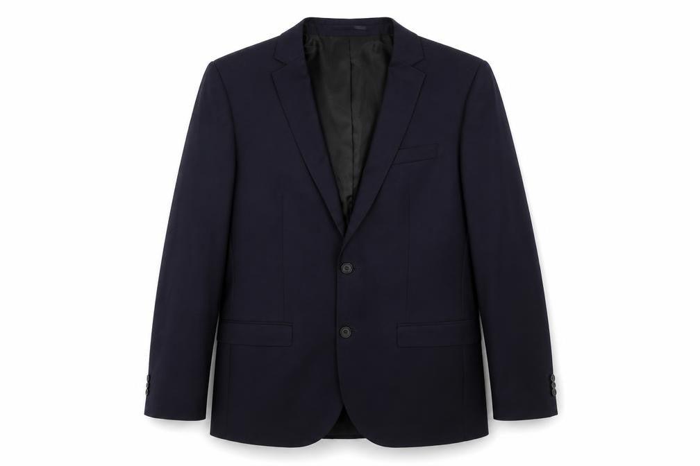 Front view of River Island men’s blue polyester jacket suit jacket, size 42