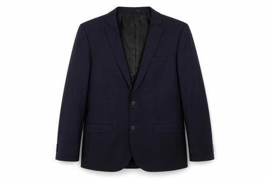 Front view of River Island men’s blue polyester jacket suit jacket, size 42