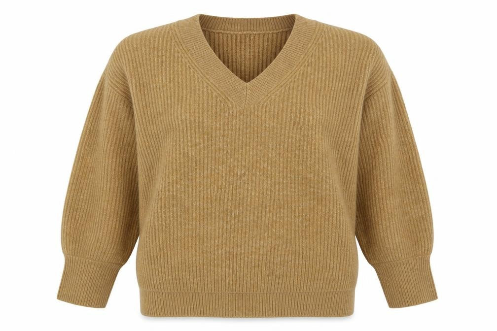Front view of Primark women’s beige v-neck acrylic jumper, size UK 6