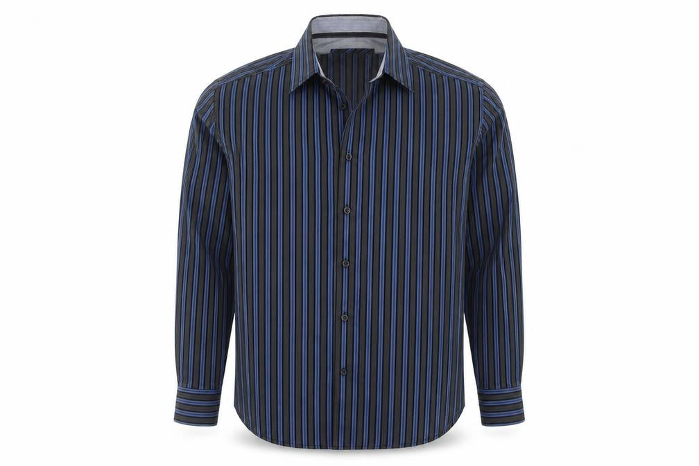 Front view of Remus Uomo men’s blue striped cotton button-up, size L, collared button