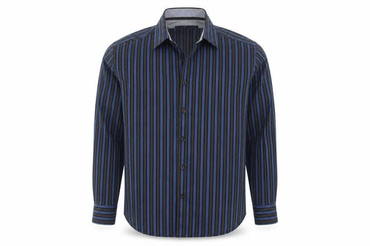 Front view of Remus Uomo men’s blue striped cotton button-up, size L, collared button