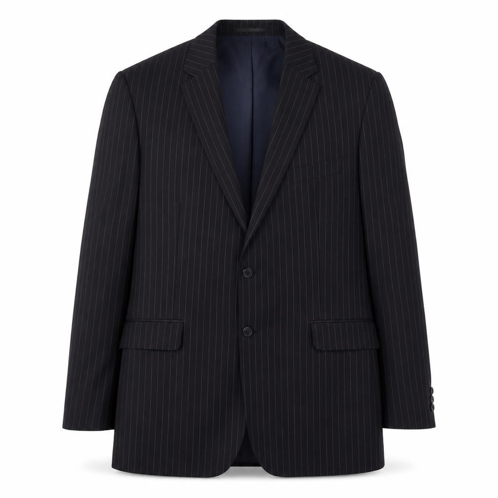 Front view of Karl Jackson men’s blue striped polyester jacket suit jacket, size 44