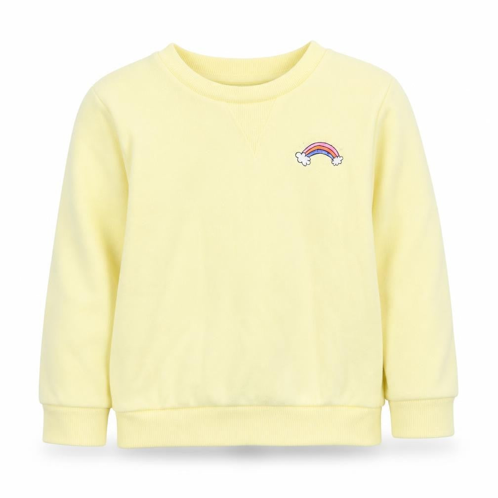 Front view of Primark girls’ yellow cotton jumper, size 24, months - rainbow
