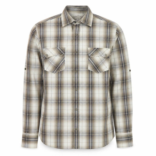 Front view of Cedarwood State men’s brown plaid cotton button-up, size S, collared snap