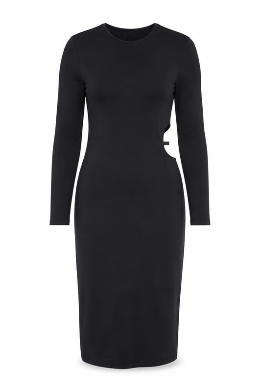 Front view of H&M women’s black polyester bodycon, size M, round neck pullover