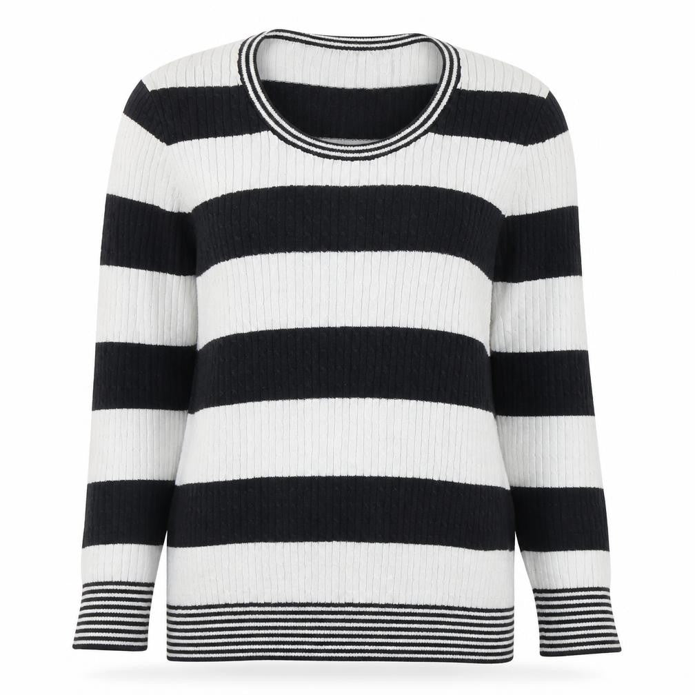 Jeanne Pierre Womens Black Round Neck Striped Cotton Pullover Jumper Size L