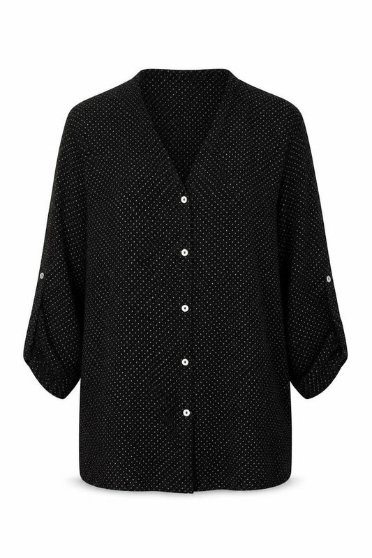 Front view of H&M women’s black polka dot polyester basic button-up, size UK 8, v-neck