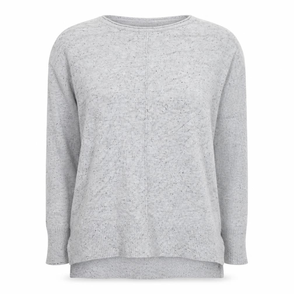 Front view of Atmosphere women’s grey round neck acrylic jumper, size UK 6
