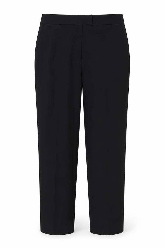 Front view of Topshop women’s black polyester trousers, size UK 12, 25-inch leg regular button