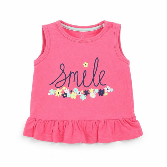 Front view of Primark girls’ pink cotton basic tank, size 12-18, months round neck pullover - smile