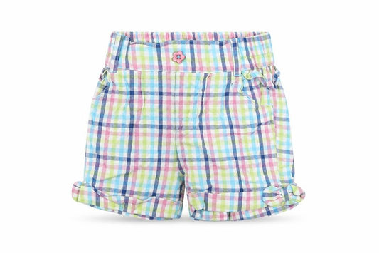 Front view of M&Co girls’ ivory check cotton cropped trousers, size 9-12, months pullover