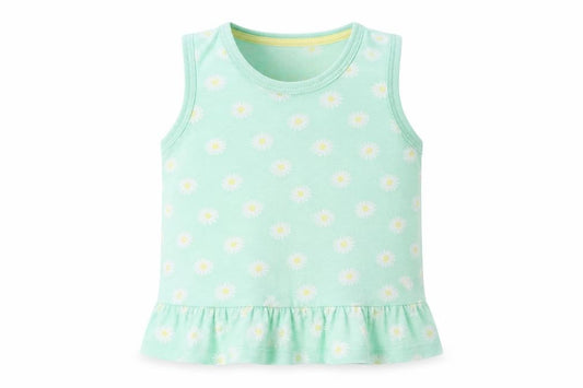 Front view of Primark girls’ green floral cotton basic tank, size 12-18, months round neck pullover - daisy