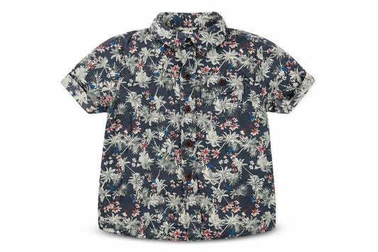 Front view of F&F boys’ green floral cotton basic button-up, size 2-3, years collared button