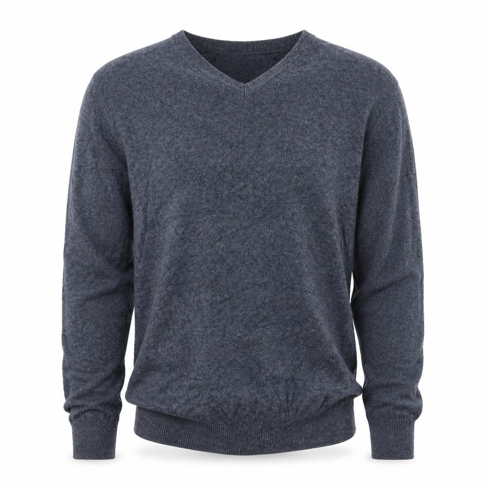 Front view of H&M men’s blue v-neck cotton jumper, size S