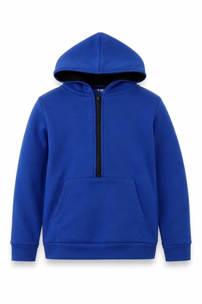Front view of Deer Gray boys’ blue polyester pullover hoodie, size M, - side zip