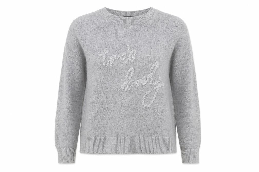 Front view of Oasis women’s grey round neck acrylic jumper, size M