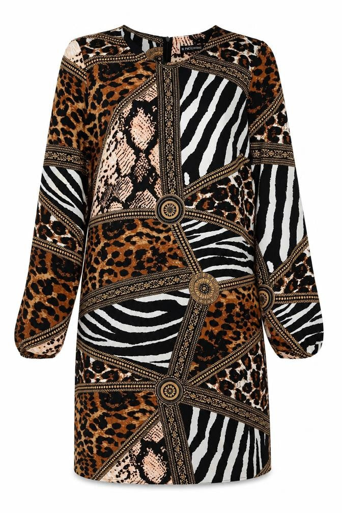 RESZKA Womens Multicoloured Animal Print Viscose A-Line  Size 6  Round Neck