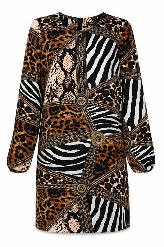 Front view of RESZKA women’s multicoloured animal print viscose a-line, size UK 6, round neck