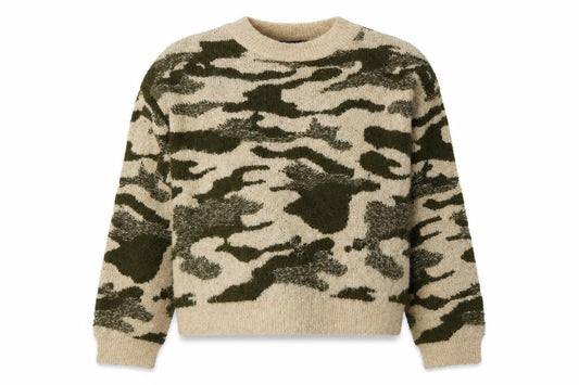 Front view of Primark women’s multicoloured round neck camouflage acrylic jumper, size UK 10