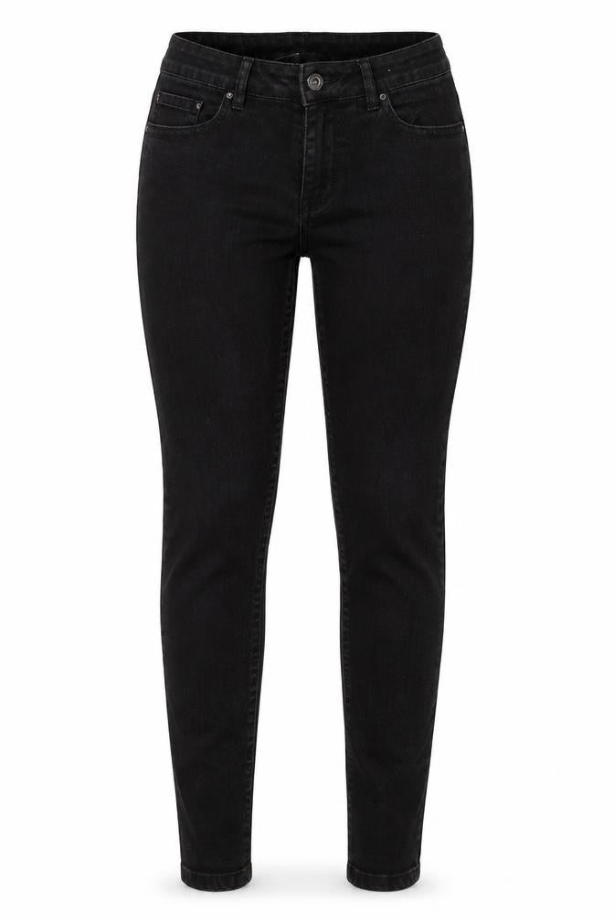 Front view of women’s black polyester skinny jeans, size UK 30, 30-inch leg regular button