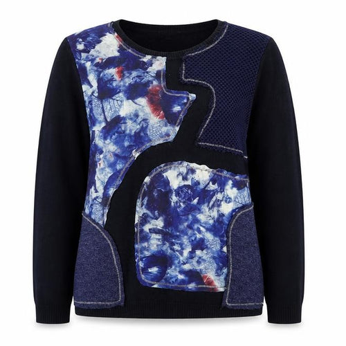 Casamia Womens Blue Crew Neck Geometric Viscose Pullover Jumper Size XL