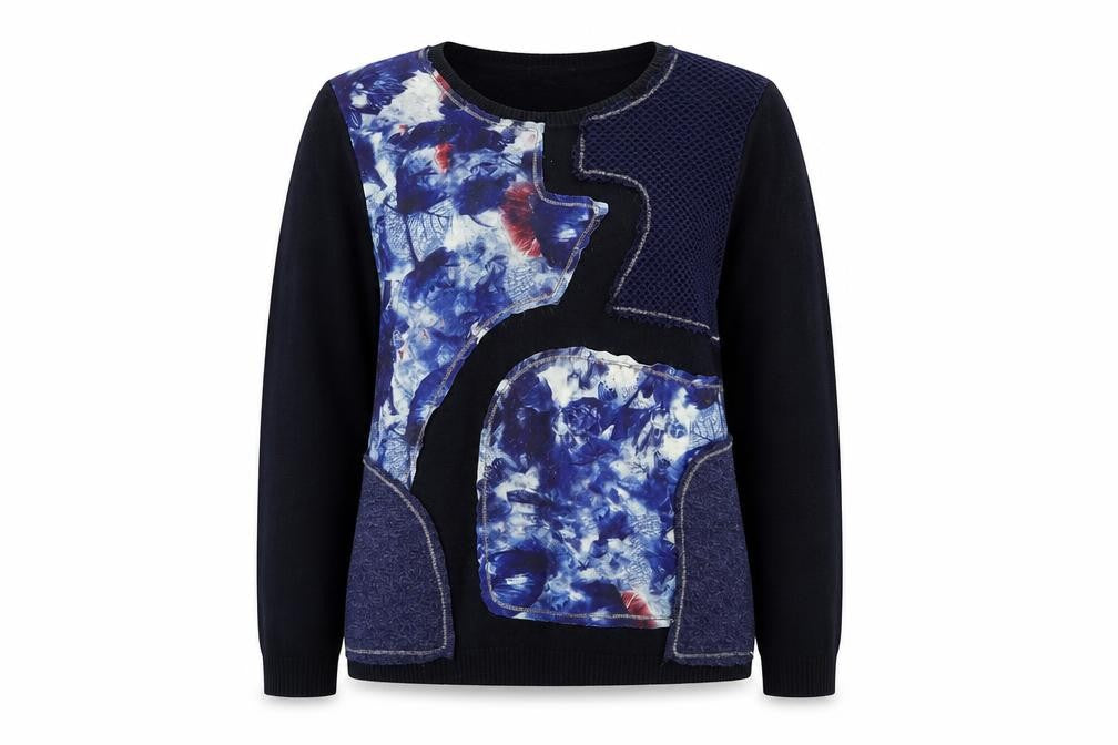 Casamia Womens Blue Crew Neck Geometric Viscose Pullover Jumper Size XL