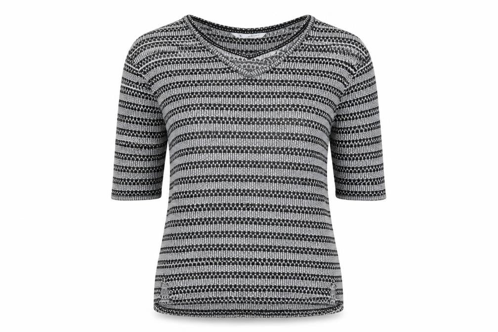 Front view of Next women’s grey scoop neck striped polyester jumper, size UK 14