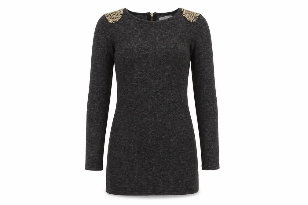 Glamor Womens Grey Boat Neck  Polyamide Tunic Jumper Size 10   - Chain Detail