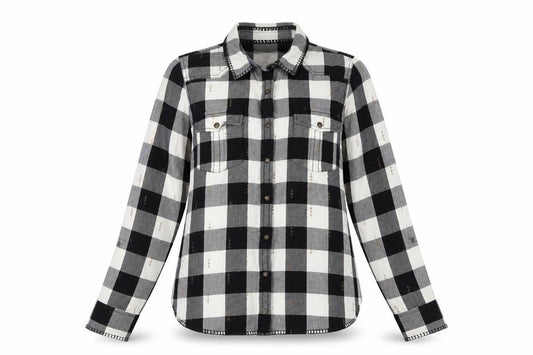 Front view of Twenty Three women’s multicoloured plaid cotton basic button-up, size XL, collared