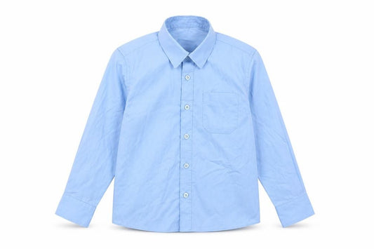 Front view of Dunnes boys’ blue polyester basic button-up, size 5-6, years collared button