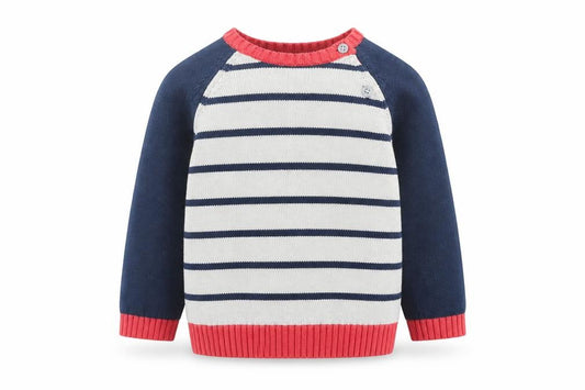 Front view of F7F boys’ multicoloured striped cotton jumper, size 9-12, months button