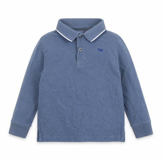 Front view of Next boys’ blue cotton basic polo, size 2-3, years collared button