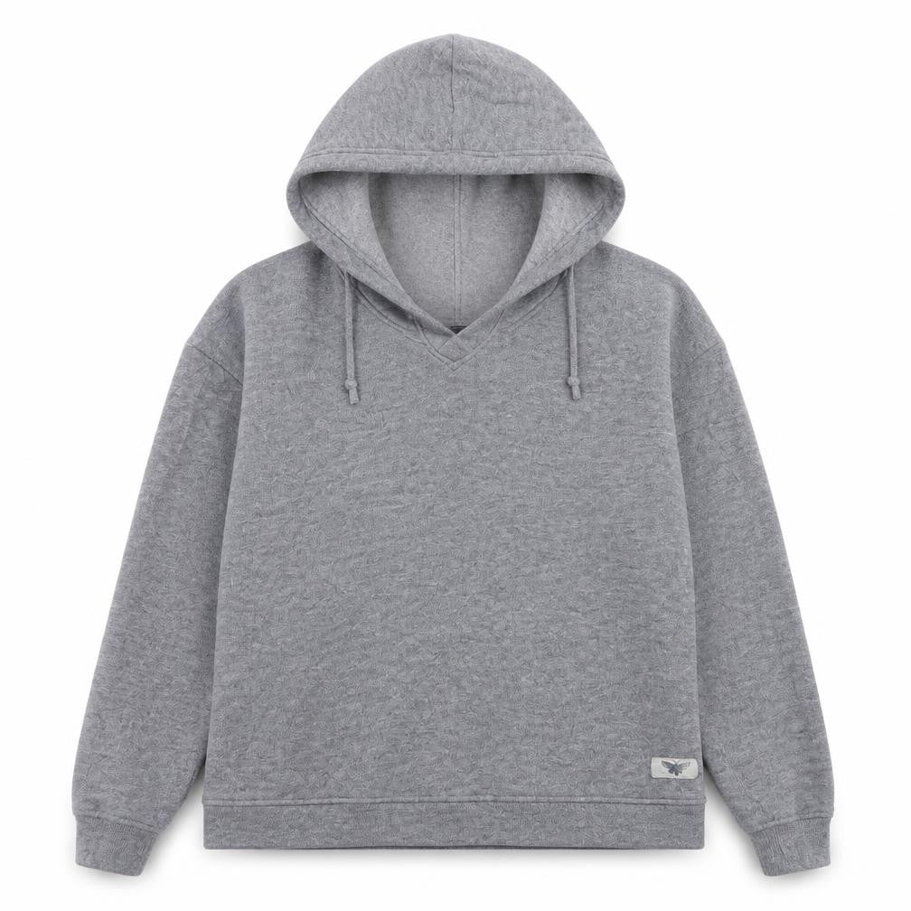 Front view of INSOMNIA women’s grey cotton pullover hoodie, size M, pullover