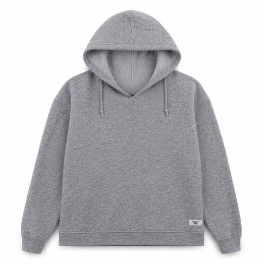 Front view of INSOMNIA women’s grey cotton pullover hoodie, size M, pullover