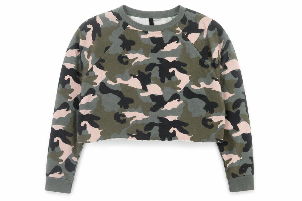 Front view of H&M women’s green camouflage polyester pullover sweatshirt, size M, pullover - cropped