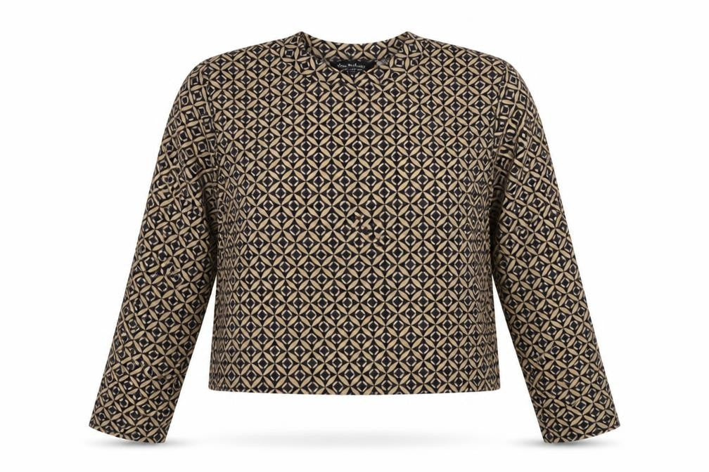 Front view of Miss Selfridge women’s beige geometric polyester cropped blouse, size UK 14, mock neck