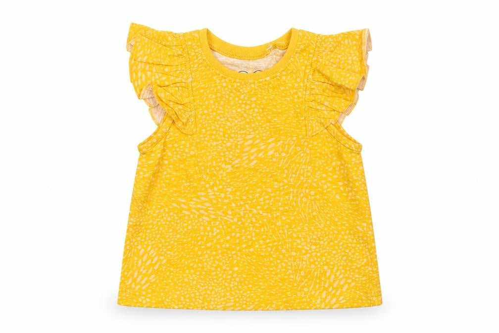 Front view of Next Baby Yellow Animal Print Cotton Pullover T-Shirt, size 12-18, Months Crew Neck Pullover