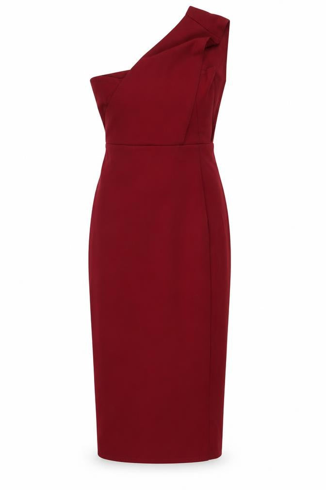 Front view of PRETTYLITTLETHING women’s red polyester bodycon, size UK 8, off the shoulder