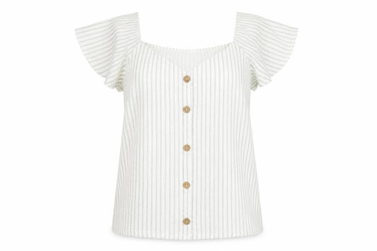 Front view of Dunnes women’s multicoloured striped polyester basic blouse, size L, off the shoulder